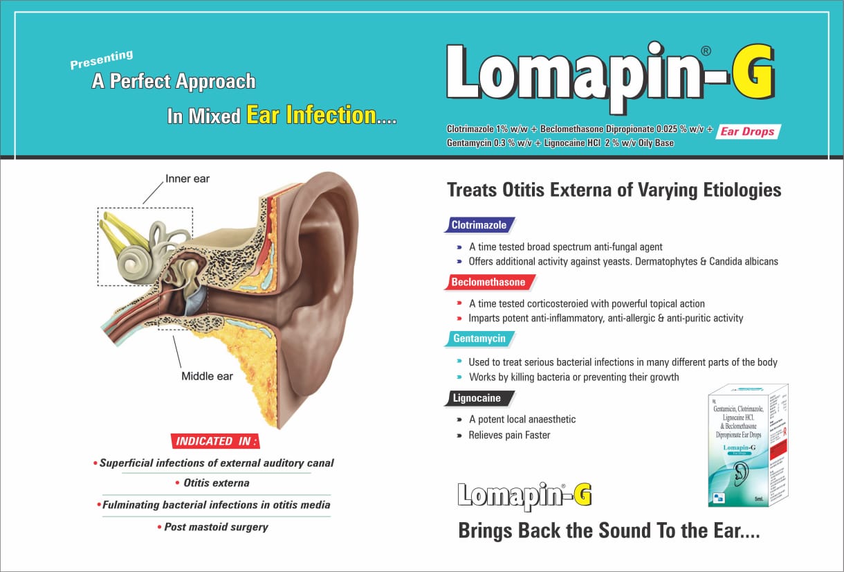 Lomapin-G – Clotrimazole + Beclomethasone + Gentamycin + Lignocaine Ear Drops by Plasma Biotech