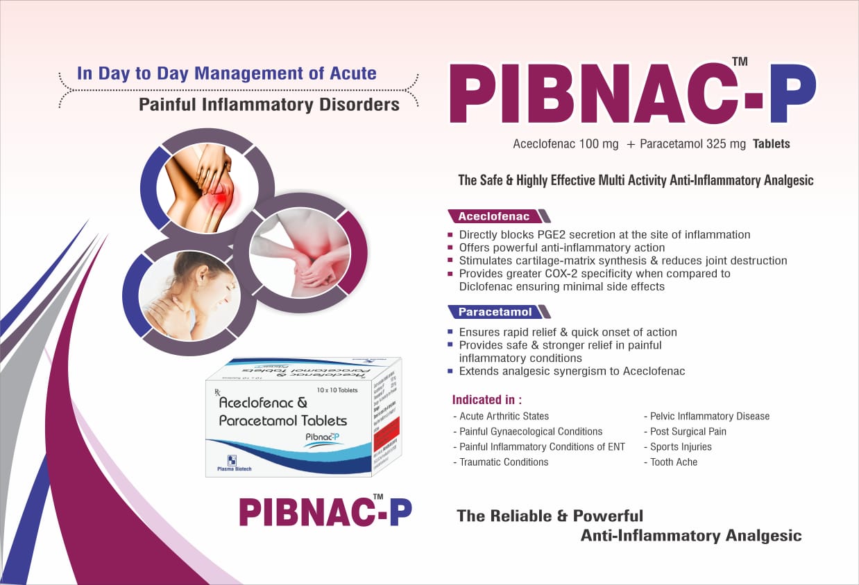 Pibnac-P – Aceclofenac 100mg + Paracetamol 325mg Tablets by Plasma Biotech