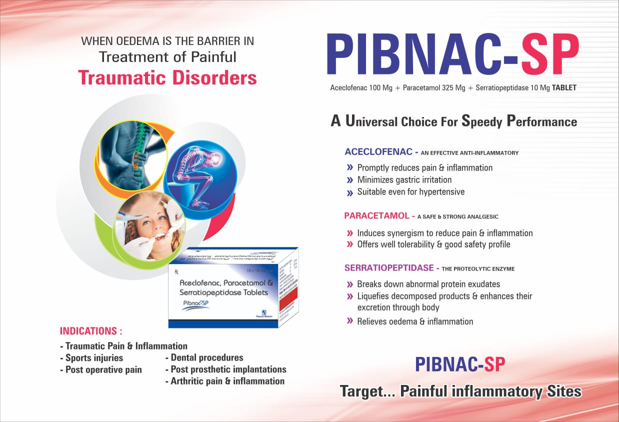Pibnac-SP – Aceclofenac + Paracetamol + Serratiopeptidase Tablet by Plasma Biotech