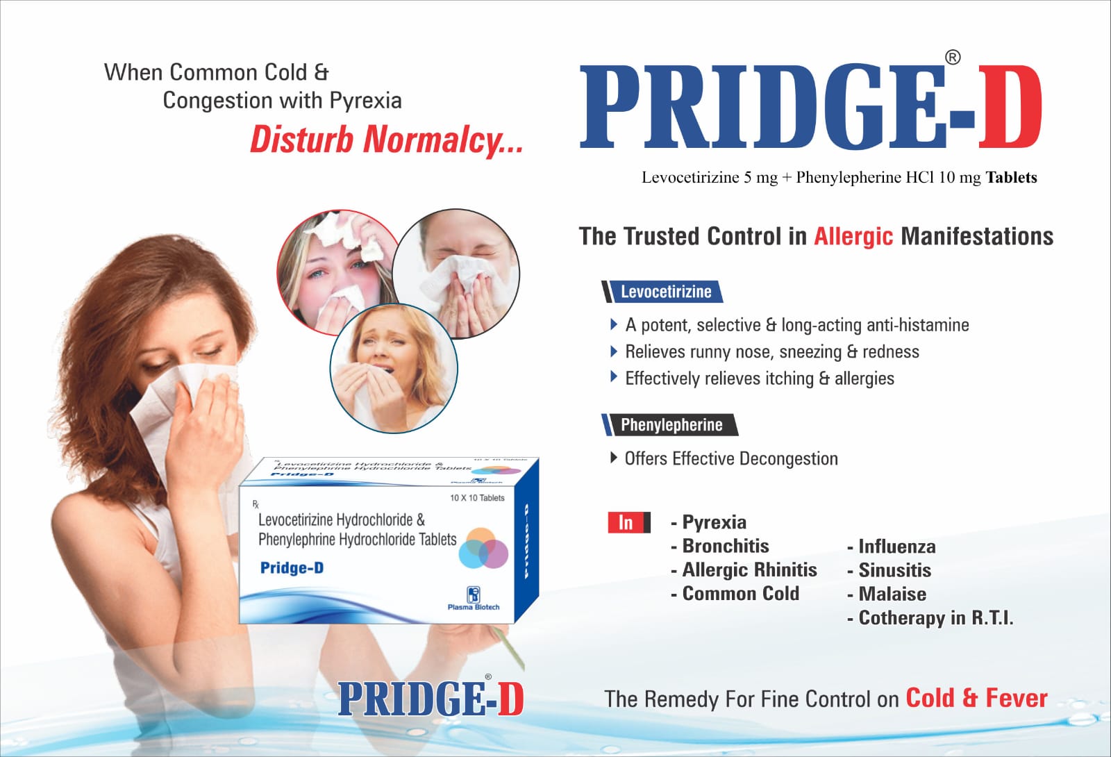 Pridge-D – Levocetirizine 5mg + Phenylepherine HCl 10mg Tablets by Plasma Biotech